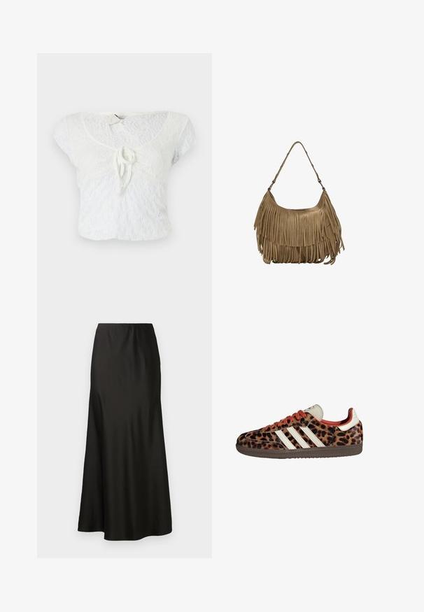 Fehér, texturált csipkéből készült, rövid ujjú, kerek nyakú cropped top, elöl megkötős részlettel.; Fekete selyem maxi szoknya sima textúrával, magas derékkal és bővülő aljjal. Egyszerű dizájnnal rendelkezik, látható minták vagy fém részek nélkül.; Leopárd mintás sportcipők velúr anyagból, piros fűzőkkel, és három fehér csíkkal az oldalukon. Krémszínű nyelvvel és barna talppal rendelkezik.; Barna velúr kézitáska hosszú rojtos részletekkel, ívelt formával és egyetlen vállpánttal. Simító, texturált felülettel rendelkezik.