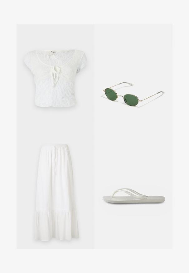 Top alb, scurt, din dantelă texturată, cu decolteu rotund, mâneci scurte și un detaliu de legare în față.; Fustă albă, până la genunchi, realizată dintr-un material ușor, cu talie elastică și șnur. Are o bordură volanată și o textură subtilă.; Flip-flop alb cu o talpă texturată, având bretele subțiri și un design plat. Fabricat din cauciuc, cu un logo subtil pe talpa interioară.; Ochelari de soare cu ramă aurie, lentile ovale verzi și brațe subțiri din metal. Dispune de vârfuri din plastic transparent pe brațe pentru confort.; Cerceii din aur au un design neted și rotunjit, cu o finisare lucioasă. Aceștia au un sistem de închidere cu balama pentru o purtare ușoară.