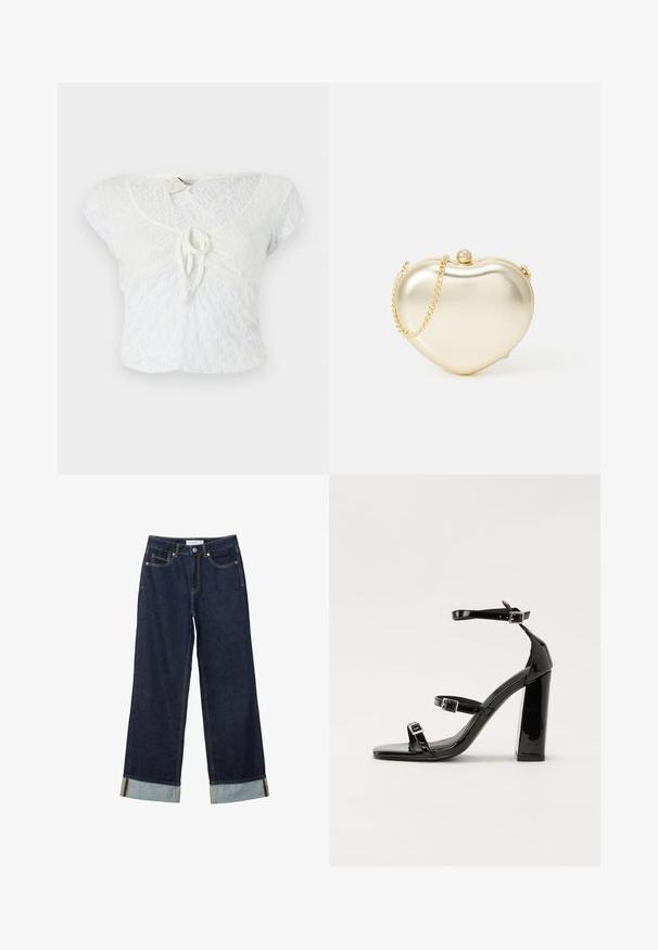 Bílý cropped top vyrobený z texturované krajky, s kulatým výstřihem, krátkými rukávy a detailem zavazování v přední části.; Tmavě modré kalhoty s širokými nohavicemi a vysokým pasem, s ohrnutými manžetami, kontrastním prošíváním a pěti kapsami. Vyrobené z denimové tkaniny.; Černé lakované sandály na podpatku se čtveratou špičkou, lýtkovými pásky a stříbrnými přezkami. Disponují masivním blokovým podpatkem pro stabilitu.; Zlatá metalická kabelka ve tvaru srdce s řetízkem a perlou na zapínání. Hladký povrch, kompaktní design pro drobnosti.