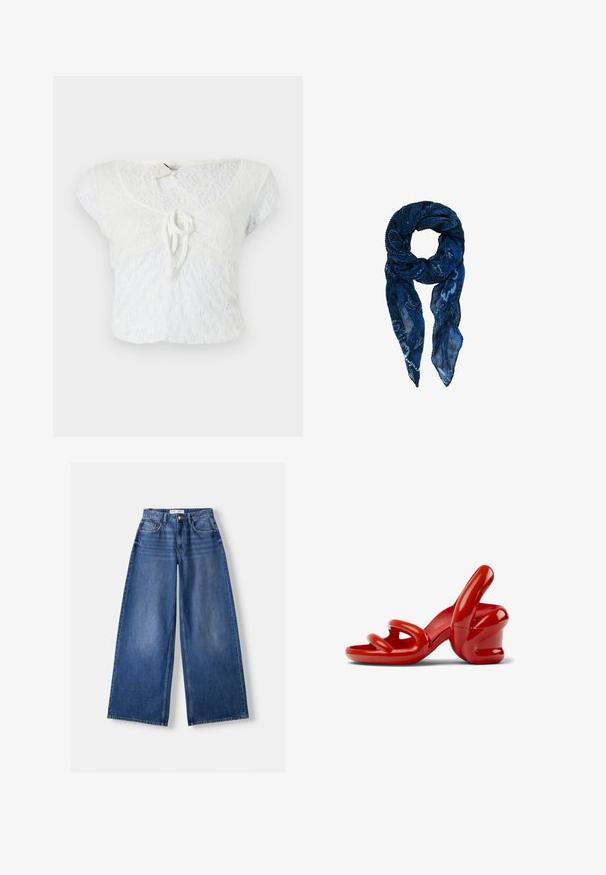 Top corto bianco in pizzo testurizzato, con scollatura rotonda, maniche corte e dettaglio di nodo sul davanti.; Bershka WIDE-LEG - Wide Leg - dark blue; Tacchi scultorei rossi realizzati in materiale lucido, con cinturini curvi e un design con tacco spesso. Texture liscia con forme giocose.; Sciarpa plissettata blu realizzata in un morbido tessuto testurizzato. Presenta motivi bianchi astratti distribuiti in tutto il tessuto, progettati in uno stile ad anello.