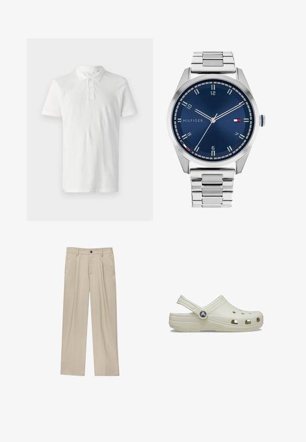 Witte polo shirt van katoen met een kraag, drie knopen en korte mouwen. Heeft een subtiel logo op de borst.; Beige broek met een rechte snit, voorzien van een enkele zwarte knoop, riemlussen en zijzakken. Glad stoffen textuur en een minimalistisch ontwerp.; Crème-kleurige rubberen klomp met een achterkantband, ventilatiegaten, een textuur op de bovenkant en verhoogde randen. Beschikt over een ronde logo-accent aan de zijkant.; Zilveren metalen horloge met een geborstelde blauwe wijzerplaat, witte uurmarkeringen en een datumweergave. Voorzien van een geschakelde metalen band en het logo van het merk.