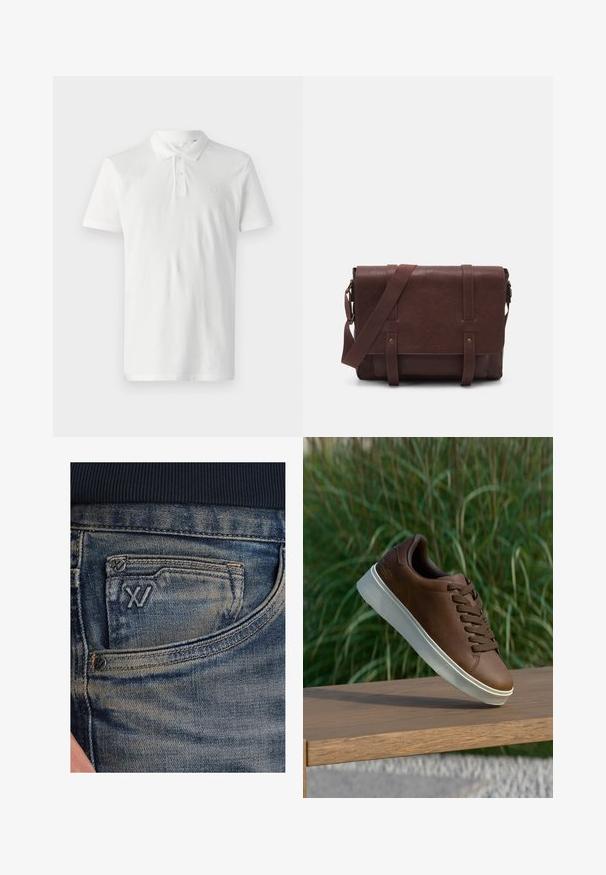 Hvid polo shirt lavet af bomuld med kravehals, tre knapper og korte ærmer. Har et diskret logo på brystet.; Blå denimjeans med en falmet tekstur, med en møntlomme og en sort logodetalje foran. Taljebåndet er af mørk marineblåt ribstrikket stof.; Brune læder sneakers med hvid gummisål, rund tå og brune snørebånd. Tekstureret greb på sålen og glat overflade på det øverste.; Brun læder buddeltaske med en flad frontklap, to remme, guld hardware detaljer og en justerbar skulderrem.