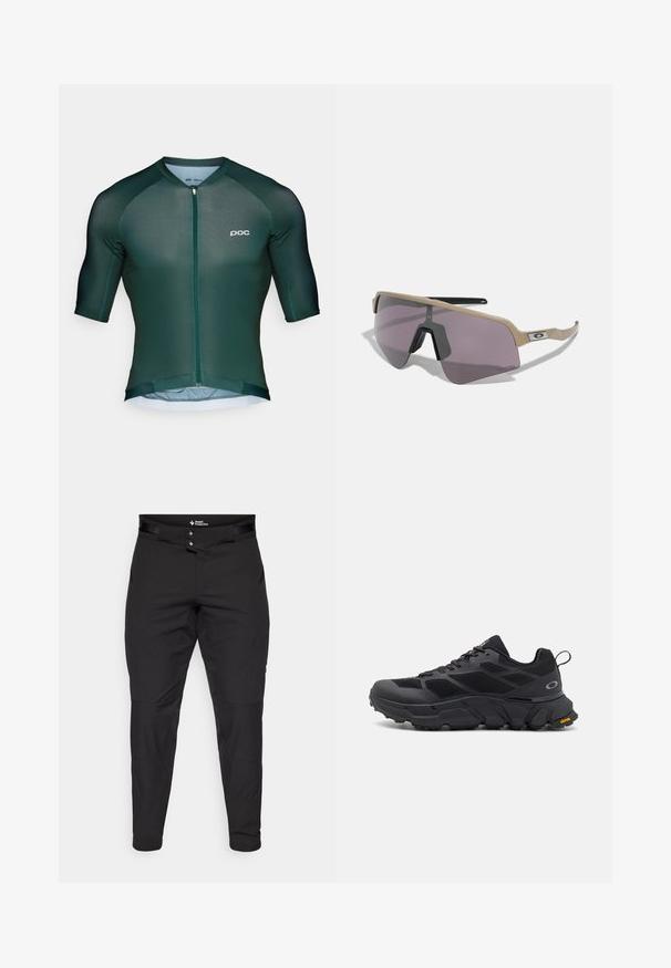 Mørkegrønn sykkeltrøye med korte ermer, en glidelås foran og subtile logodetaljer. Laget av lett og pustende materiale.; Svart utendørsbukser laget av lett materiale. Har en tettsittende design, to knapper i livet og frontlommer. Glatt tekstur.; Svarte sportssko med en kraftig såle, mesh- og syntetisk overdel, teksturerte detaljer og Vibram-merket på sålen.; Oakley SUTRO LITE SWEEP UNISEX - Solbriller - prizm road black