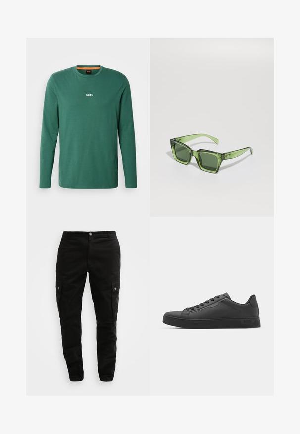 Tricou cu mânecă lungă, de culoare verde, din bumbac, cu guler rotund, având un logo alb "BOSS" pe piept și detalii portocalii la interiorul gulerului.; Pantaloni cargo negri, confecționați dintr-un material rezistent, cu buzunare laterale, închidere cu nasture și un design slim fit. Textură fină, cu detalii minime.; Adidași negri cu un superior sintetic neted, vârf rotund, șireturi plate și un toc din cauciuc cu nervuri. Design minimalist, cu accente cusute.; Ochelari de soare dreptunghiulari verzi, cu lentile întunecate solide, rame groase transparente și un finisaj ușor lucios. Accente pe temple.