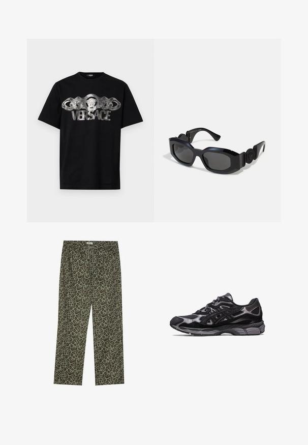 Sort bomulds-t-shirt med et sølv Versace-logo og et lion-medaillon og kæde-design på forsiden. Klassisk crew neck stil.; Abstrakt leopardmønstret bukser i olivengrøn, lavet af blødt stof, med elastisk talje og snor til justerbar pasform.; Sort atletisk sko med overdel i mesh og suede, udstyret med et struktureret design og en robust, polstret grå sål.; Sorte solbriller med en bred, vinkelret ramme og mørke linser. Har teksturerede sorte sider og en rund logo detalje på stellet.