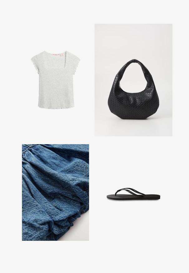 Jasnoszara bluzka o krótkim rękawie z kwadratowym dekoltem, prążkowaną teksturą i falbankami. Miękka tkanina, casualowy fason i luźny krój.; Denim w głębokim niebieskim odcieniu, o zmarszczonej fakturze tworzącej miękkie fałdy. Gładka powierzchnia z subtelnymi wariacjami kolorystycznymi.; Czarne klapki z teksturowaną gumową podeszwą, dwiema smukłymi paskami oraz subtelnym, wytłoczonym logo na pasku.; Czarna pleciona torebka z zaokrąglonym uchwytem, charakteryzująca się teksturowaną powierzchnią i luźnym kształtem. Gładkie wykończenie z organiczną sylwetką.