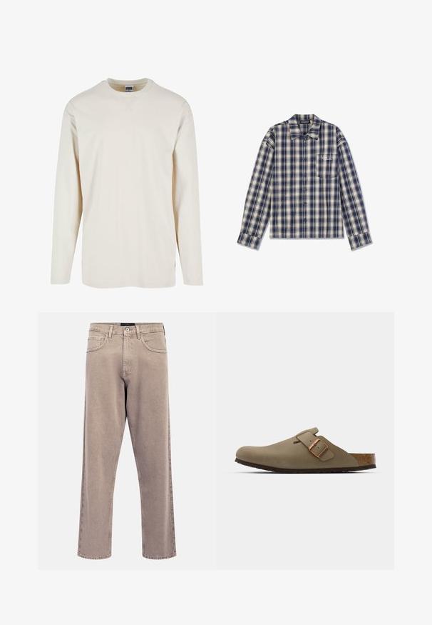 Ilga rankovė kreminė marškinė, pagaminta iš švelnios medvilnės, su apvaliu iškirpimu ir šoninėmis skeltuvėmis patogumui. Minimalistinis dizainas, vientisa tekstūra.; Naktiniai marškiniai ilgomis rankovėmis, dryžuoti tamsiai mėlynos ir kremų spalvų, su mygtukų užsegimu, apykakle ir maža krūtine kišenė, kurioje yra balti užrašai.; Šviesiai smėlio spalvos tiesios kojų džinsai su šiek tiek išblukusia tekstūra, penkių kišenių dizainu ir metaliniu mygtuko užsegimu. Išryškinti siuvimo detalės.; Rudos medvilniniai klumpės su lygiu, matinio paviršiaus apdaila. Yra išsiskiriantis bronzinis sagtis šone. Kamštinis padas ir gumos išorė užtikrina komfortą.