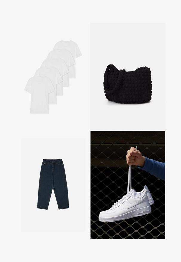Six white cotton T-shirts with short sleeves and round necklines arranged in a row, featuring a smooth texture and no visible patterns.; Dark blue high-waisted jeans with a relaxed fit, featuring five pockets and a button closure. Made from denim with a smooth texture.; White leather sneakers with perforations, round toe, flat sole, and thick laces, featuring a visible swoosh logo and "AIR" on the heel.; Black fabric bag with a textured, quilted pattern. Rounded shape, short, thick handles, and a soft, flexible structure.