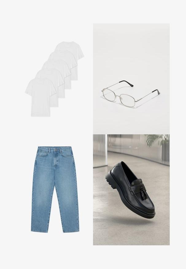 Sei t-shirt bianche in cotone con maniche corte e scolli tondi disposte in fila, caratterizzate da una texture liscia e senza motivi visibili.; Jeans in denim azzurro chiaro con taglio a gamba dritta, design a cinque tasche e una texture leggermente slavata. Presentano una chiusura con bottone e zip.; Mocassini in pelle nera con finitura liscia, nappe decorative, suola spessa in gomma e dettagli cuciti. Design leggero ed elegante.; Occhiali in metallo con montatura ovale, cornici argentate e lenti trasparenti. Aste sottili e dritte con punte nere, design minimalista.