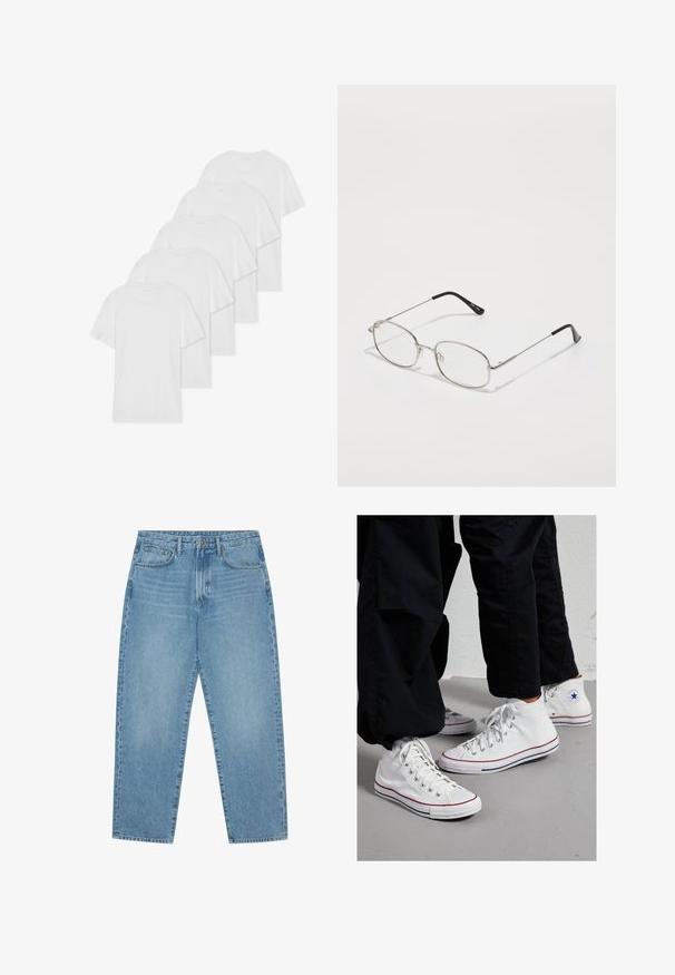 Sechs weiße Baumwoll-T-Shirts mit kurzen Ärmeln und Rundhalsausschnitten, die in einer Reihe angeordnet sind. Sie haben eine glatte Textur und keine sichtbaren Muster.; Hellblaue Jeans aus Denim mit geradem Bein, Fünf-Taschen-Design und leicht verwaschener Textur. Mit Knopf- und Reißverschluss ausgestattet.; Weiße Canvas High-Top-Sneaker mit Gummisohle, ausgestattet mit silbernen Ösen und roten sowie marineblauen Streifen entlang der Sohle.; Metallbrille mit ovalem Rahmen, silbernen Fassungen und klaren Gläsern. Schmale, gerade Bügel mit schwarzen Enden, minimalistisches Design.