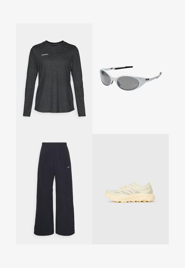 Hosszú ujjú fekete ing, texturált anyagból készült, kerek nyakkivágással és fehér "MAMMUT" logóval a bal felső részen.; Fekete, bő szárú nadrág rugalmas derékpánttal és egy kis fehér Nike logóval. Anyaga sima tapintású, kényelmes és mindennapi viseletre lett tervezve.; Világos beige sportcipő átlátszó felsőrésszel, vastag párnázott talppal, oldalról fűzhető, és Vibram logóval a külső talpon.; Fehér műanyag napszemüveg nagy ovális lencsékkel, szürkére árnyékolva. Fekete fülre csúszó betétekkel és egy kis logóval a kereten. Simább felület.; Fekete hátizsák, könnyű, struktúrált anyagból készült, középen cipzárral, állítható pántokkal és felső fogantyúval. Az oldalon logó található.