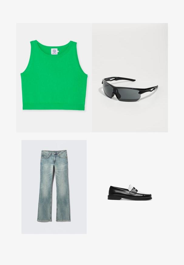 Zeleno skrajšan top iz mehkega materiala s krožnim izrezom in rebrastim robom. Brez vzorcev ali dodatkov. Oznaka vidna na izrezu.; Svetlo modri kavbojasti hlače z rahlim bledenjem, pet žepov, z gumbom zaprte in ravnimi nogami na beli podlagi.; Črne in bele usnjenke s sijajno končano površino, z ravnim podplatom, šivanimi detajli in okrasnim trakom čez zgornji del.; Črne športne sončna očala s sprotno ukrivljenimi lečami, lahka plastična okvirja in teksturiranimi tempeljci. Eleganten dizajn z integriranim nosnim delom.; Črna torbica iz pletene usnje s sproščenim dizajnom, ki ima vozel na traku in majhno dekorativno zlatno zakovico na vrhu.
