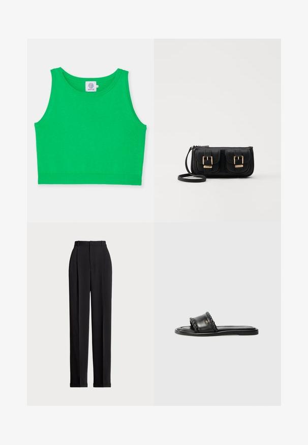 Zaļa īsa krūštura blūze, izgatavota no mīkstas auduma ar apaļu apkakli un ribotu apdari. Nav rakstu vai akcentu. Etiķete redzama apkakles rajonā.; Melnas piegriezuma bikses ar augstu jostasvietu, priekšā ar krokām, taisna kāju dizains un ar aprocēm. Izgatavotas no gludas auduma.; Melnas ādas sandalītes ar austiem siksnu elementiem, plakana zole un elegants dizains. Gluda tekstūra un minimālistisks profils.; Melnas ādas crossbody soma ar divām priekšējām kabatām, zelta sprādzēm, ar rāvējslēdzēju aizdari un šauru siksnu. Strukturēta virsma un kompakta taisnstūra forma.