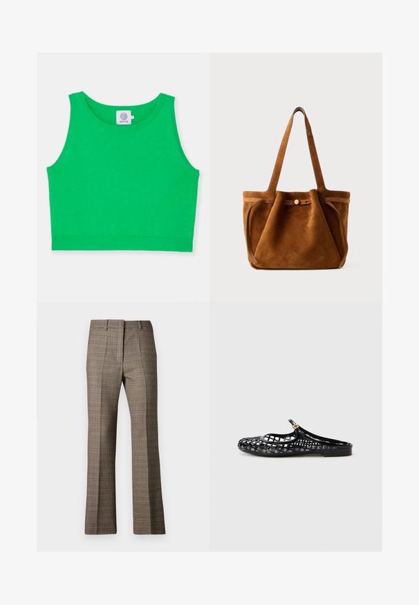 Zelený zkrácený top bez rukávů vyrobený z měkké látky s kulatým výstřihem a žebrovaným lemem. Bez vzorů nebo akcentů. Nálepka viditelná na výstřihu.; Hnědé kostkované kalhoty s rovnými nohavicemi, vyrobené z texturované látky a s jemnými odstíny béžové a tmavší hnědé barvy po celé vzoru.; Tory Burch MELLOW MARY JANE - Pantofle - perfect black/gold; Hnědá semišová taška s dvojitými uchy, páskem na knoflíkovém uzávěru a uvolněným, mírně pokleslým tvarem.