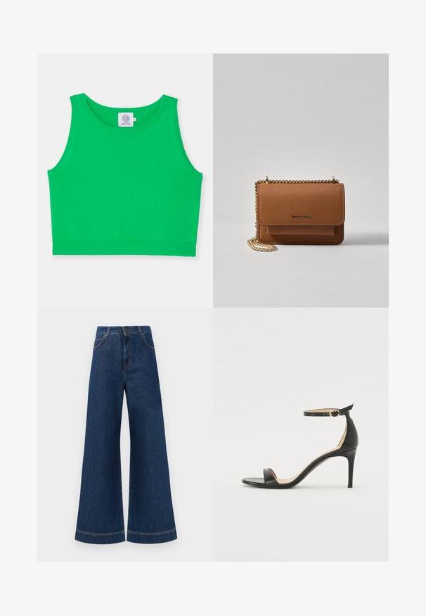 Top corto verde realizzato in tessuto morbido, con scollatura rotonda e rifiniture a coste. Senza motivi né accenti. Etichetta visibile all'collo.; Jeans in denim blu a gamba larga con vita alta, dotati di chiusura a bottone, passanti per cintura e dettagli di cucitura sottili lungo le tasche e i orli.; Sandal in pelle nera con tacco alto e cinturino alla caviglia. Caratteristiche: texture liscia, punta aperta e tacco sottile. Dettaglio con fibbia tono oro.; Borsa a tracolla in pelle marrone con texture, dotata di catena dorata e chiusura a pattina. Sul davanti presenta un dettaglio con logo e una tasca sotto la pattina.
