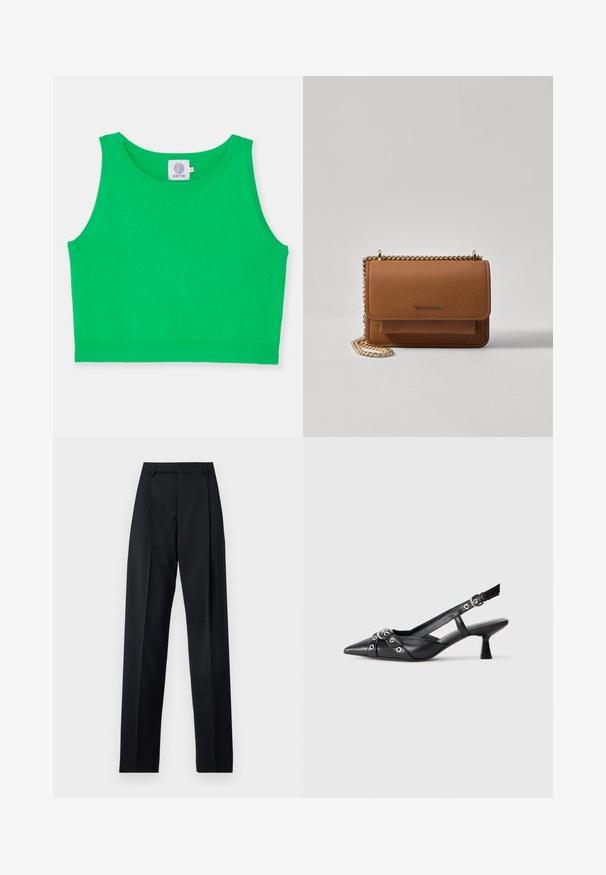Zeleno skrajšan top iz mehkega materiala s krožnim izrezom in rebrastim robom. Brez vzorcev ali dodatkov. Oznaka vidna na izrezu.; Črne hlače iz gladkega materiala, ki imajo visok pas, široke noge, sprednje nabore in klasične zanke za pas. Nevidni stranski žepi.; Črne usnjene sandale središnje zaponke z ostro konico, okrasnimi trakovi z kovinskimi očesi in nizko blokasto peto. Teksturirana površina.; Rjava teksturirana usnjena torba čez ramo z zlatim verižnim trakom in zapiranjem na pokrov. Spredaj je vidna podrobnost logotipa in žep pod pokrovom.