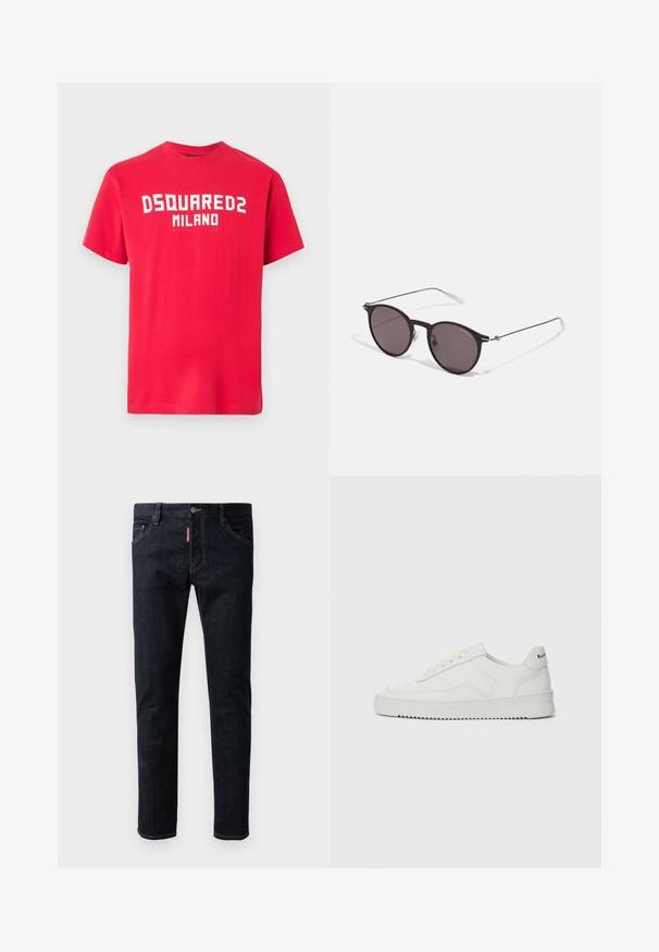 Piros pamut rövid ujjú póló környakkal. Erős fehér "DSQUARED2 MILANO" felirat díszíti az elején. Sima tapintású anyag.; Sötétkék farmernadrág, slim fit fazonban, gombos záródással, öt zsebbel és kontrasztos sárga cérnával az varrások mentén.; Fehér bőr sportcipő sima felülettel, kerek orral, lapos fűzőkkel és texturált talppal. Finom logó található a sarokon.; Fekete kerek napszemüveg sötét lencsékkel és karcsú fém szárakkal. Átlátszó szárvégeket és ezüst részleteket tartalmaz az ívnél. Minimalista dizájn.