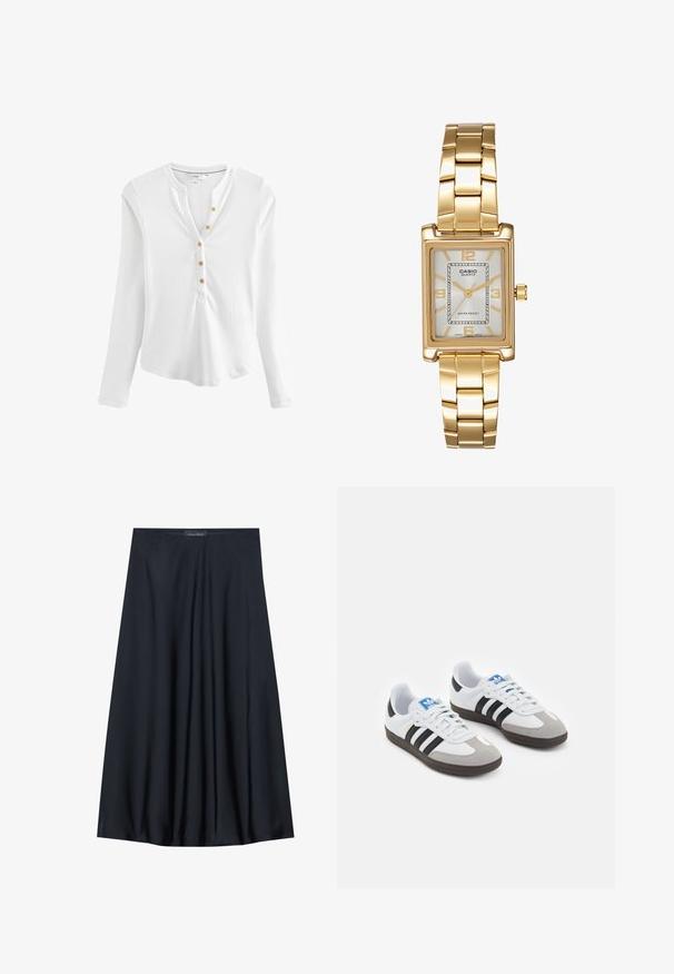 Bijela dugu rukava henley majica od rebraste tkanine, s izrezanom kragnom, pet zlatnih gumba sprijeda i zaobljenim rubom.; Crna suknja do koljena izrađena od lagane tkanine s lepršavim dizajnom. Ima glatku teksturu i suptilne plisirane detalje.; Sportske cipele s gornjištem od bijele kože, sivi suedinasti nos i tri crne pruge. Imaju plavi logo na jeziku i teksturiranu gumenu podlogu.; Zlatni pravokutni ručni sat s bijelim brojčanikom, srebrnim oznakama sati i dugotrajnom metalnom narukvicom. Uključena značajka vodootpornosti.