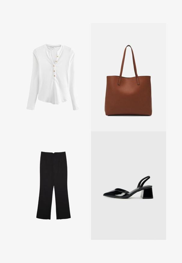 White long-sleeve henley shirt made of ribbed material, featuring a notched collar, five golden buttons down the front, and a curved hem.; Black trousers with a straight fit, featuring front pockets and side slits at the hem. Made of soft, smooth fabric. Suitable for various occasions.; Black patent leather slingback heels with a pointed toe and a geometric block heel. Features a sleek, minimal design and smooth texture.; Brown leather tote bag with a smooth texture, open top design, and two shoulder straps. Features minimal stitching and no visible hardware.