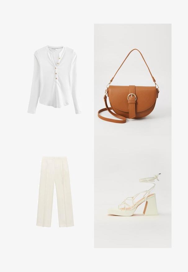 White long-sleeve henley shirt made of ribbed material, featuring a notched collar, five golden buttons down the front, and a curved hem.; Wide-legged trousers in a light cream color. Made from a smooth fabric with pleats at the front and side pockets.; White high-heeled sandal with a chunky heel, featuring a strappy design and ankle tie. Smooth texture with a platform front for added height.; Brown leather crossbody bag with a curved shape, gold hardware, and a buckle accent. Features a detachable shoulder strap.