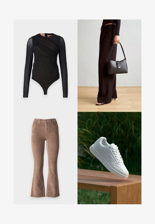 Svart langermet bodysuit med rynket detalj, laget av gjennomsiktig stoff. Har høy halslinning og en tanga-bunn med glidelås bak.; Brune cordfløyels brettede bukser med ribbet tekstur, høy midje, fem lommer og frontlukking med knapp.; Hvite sneakers med en glatt syntetisk overdel, perforert tåboks, flate snørebånd og en teksturert såle, vist på en treflate.; Svart håndveske med strukturert form, jevn tekstur og metallisk lås. Kombinert med brede svarte bukser og sandaler med åpen tå på tregulv.