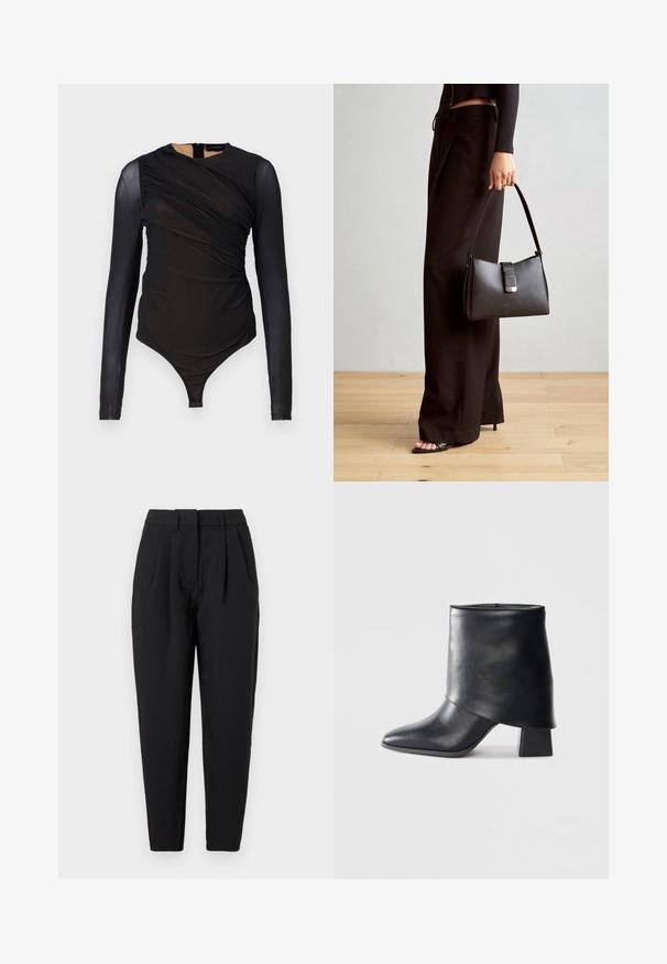 Juoda ilgarankovė bodžių su raukšlėmis, pagaminta iš permatomo audinio. Vaidina aukštas apykaklė ir thong tipo apatinė dalis su užpakaliniu užtrauktuku.; Juodos tiesios kelnės, su klostėmis priekyje, lygia tekstūra ir šoninėmis kišenėmis. Juosmens aukštis standartinis.; Juodos odinės kulkšnės botai su smailiu pirštu, lygiu paviršiumi ir standžiu blokiniu kulnu. Ypatybė - aukštas, sulankstytas užkulnis.; Juodas rankinė struktūrizuota forma, lygi tekstūra ir metalinis užsegimas. Suporuota su plačiomis juodomis kelnėmis ir atvirais bateliais ant medinių grindų.