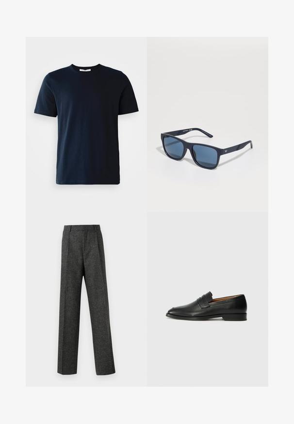 Mørkeblå kortermet T-skjorte laget av bomull, med rund hals og glatt tekstur uten mønstre eller detaljer.; Grå skreddersydde bukser laget av teksturert stoff, med to frontpleater og rette ben. Ingen synlige lommer eller dekorasjoner.; Svart skinnloafer med rund tå, subtilt sydd detaljering og lav hæl, med en glatt tekstur og minimalistisk design.; Blå rektangulære solbriller med mørke linser, matt marineblå ramme, logo-detajler på stengene, rette armer og en solid, glatt tekstur.