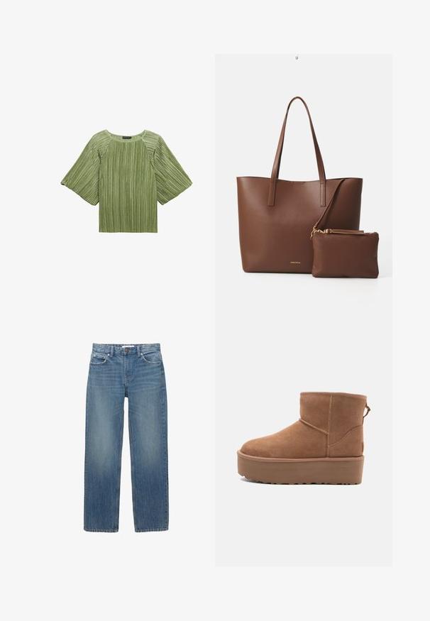 Plisseret grøn top med brede ærmer, rund halsudskæring og glat tekstur. Stoffet har lodrette striber og en afslappet pasform.; Lysblå denimjeans med lige snit, fem lommer og hardware i kobberfarve. Stoffet har en let falmning og en glat tekstur.; Tan ruskinds ankelstøvle med platformssål, rund tå og syninger; har en løkke bagpå for nem påtagning.; Brun faux læder tote taske med to lange håndtag og en matchende lille pung. Overfladen har et struktureret mønster og guldfarvede hardware detaljer.