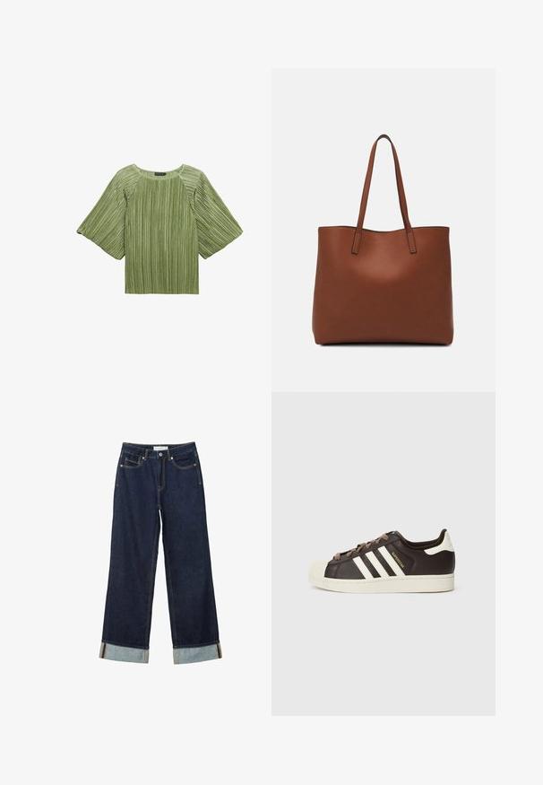 Vihreä pleatattu paita, jossa on leveät hihat, pyöreä pääntie ja sileä rakenne. Kankaassa on pystysuuntaisia raitoja ja väljä istuvuus.; Tummansinisiä leveälahkeisia farkkuja, joissa on korkea vyötärö, käännetyt lahkeet, kontrastiväriset ompeleet ja viisi taskua. Valmistettu denim-kankaasta.; Matala Adidas Superstar -tennari tummanruskeasta nahasta, jossa on kermahtava kuorikärki, valkoiset raidat ja "Superstar"-teksti sivussa.; Ruskea nahkainen olkalaukku, jossa on sileä pinta, avoin yläosa ja kaksi olkahihnaa. Omaavat vain minimaalisen ompelun eikä näkyvää metalliosaa.