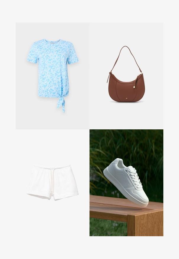 Lyseblå t-shirt med korte ærmer, prydet med et hvidt blomstermønster, og med en knude detalje på venstre side ved sømmen.; Hvide bomuldsshorts med elastisk talje og snører, med en glat overflade og uden mønstre eller yderligere detaljer.; Hvid sneaker med en glat syntetisk overdel, perforeret tåboks, flade snørebånd og en tekstureret sål, præsenteret på en træoverflade.; Brun faux læder skuldertaske med buet form, minimal syning og en guldtonet hardwaredetalje. Har en top lynlåslukning og justerbar rem.