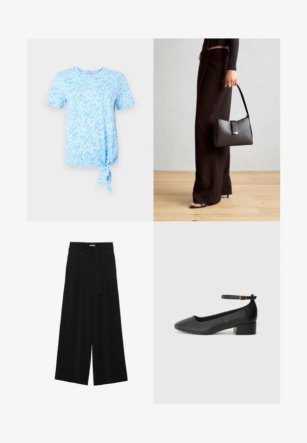 Šviesiai mėlynas trumpomis rankovėmis marškinėliai, dekoruoti baltu gėlių raštu, su mazgu kairėje pusėje prie apatine dalimi.; Juoda plačių kojų kelnės, pagamintos iš tekstūruoto audinio, su elastingu juosmeniu ir atsegamu diržu juosmenyje, leidžiančiu reguliuoti dydį.; Juodas odinis aukštakulnis batelis su smailiu pirštu ir žemu bloku. Su kulkšnies dirželiu su auksinės spalvos sagtimi. Lygus paviršius.; Juodas rankinė struktūrizuota forma, lygi tekstūra ir metalinis užsegimas. Suporuota su plačiomis juodomis kelnėmis ir atvirais bateliais ant medinių grindų.