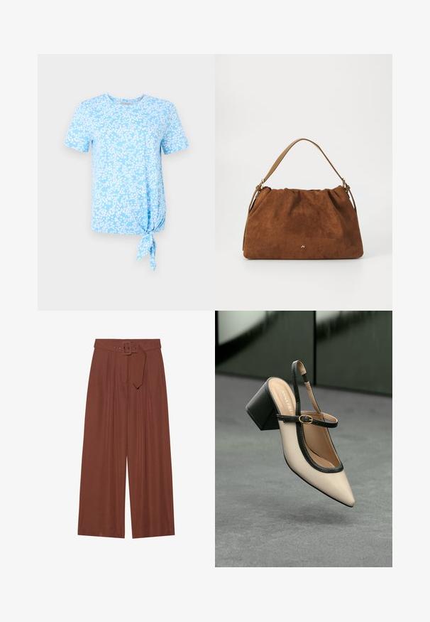 Helles blaues T-Shirt mit kurzen Ärmeln, das ein weißes Blumenmuster aufweist und auf der linken Seite am Saum eine Knoten-Details hat.; Braune Weitbeinehosen aus Stoff, mit einem Gürtel mit eckiger Schnalle, gefältetem Design und glatter Textur.; Beige Slingback-Schuh mit spitzer Zehenpartie, schwarzer Umrandung, goldener Schnalle und dicker Blockabsatz auf grauem Boden vor dunklem grünen Hintergrund.; Braune Wildlederhandtasche mit einem gerafften Design, ausgestattet mit einem einzelnen hellbraunen Ledertragegurt und einem subtilen goldenen Logo-Detail auf der Vorderseite.