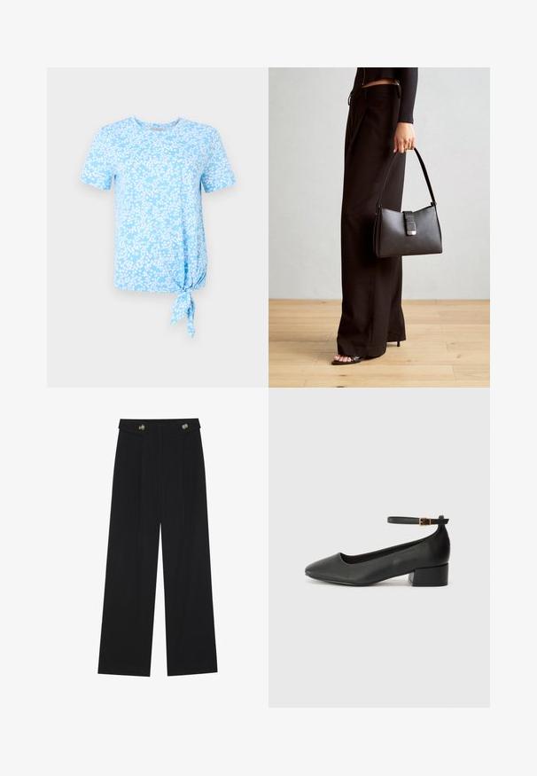 Lyseblå kortermet t-skjorte med hvitt blomstermønster, med en knutepunktdetalj på venstre side av sømmen.; Svart vide bukser med høy midje, knappdetaljer på midjebåndet og frontplisser.; Sorte skinnpumper med spiss tå og lav blokkhelt. Har ankelrem med gullfarget spenne. Glatt tekstur.; Svart håndveske med strukturert form, jevn tekstur og metallisk lås. Kombinert med brede svarte bukser og sandaler med åpen tå på tregulv.
