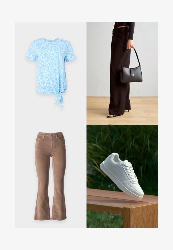 Gaiši zils īsām piedurknēm T krekls ar baltu ziedu rakstu, ar mezglu kreisajā pusē apakšmalā.; Brūni kordūrveida izspiedumi ar ribota tekstūru, ar augsto jostasvietu, piecām kabatām un priekšējo pogu aizdari.; Baltie sporta apavi ar gludu sintētisku augšpusi, perforētu pirkstu daļu, plakani šņorēm un rakstainu zoli, novietoti uz koka virsmas.; Melnā somiņa ar strukturētu formu, gludu tekstūru un metālu sprādzi. Saskaņota ar platām melnām biksēm un sandālēm ar atvērtu purngalu uz koka grīdas.