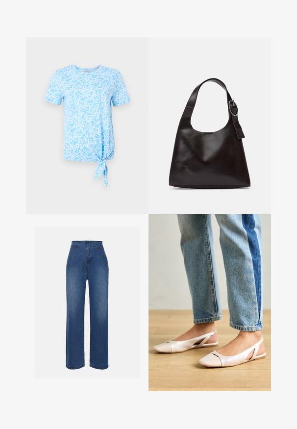 T-shirt azul claro de mangas curtas com um padrão floral em branco, apresentando um detalhe de nó no lado esquerdo da bainha.; Calças de ganga de cintura alta em azul médio. Apresentam detalhes com botões na frente e um design de perna larga. O tecido tem uma textura suave com um ligeiro desbotamento.; Sapatilhas slingback de cor rosa pálido com bico fino, feitas de um material semelhante a couro liso. Apresentam detalhes recortados nas laterais e um salto plano.; Bolsa de ombro em pele castanha com uma textura suave, forma arredondada, alça larga e um detalhe metálico circular na pega.