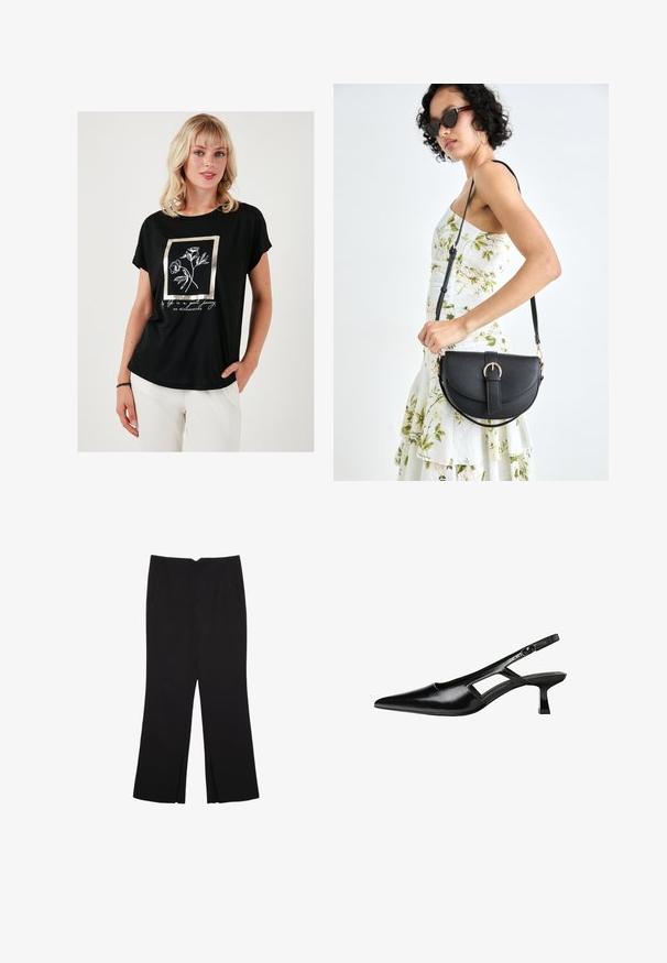 Černé tričko s krátkými rukávy, které má kovově zlatý rámeček s květinovým vzorem a bílý text. Vyrobeno z hladké, lehké tkaniny.; Černé kalhoty s rovným střihem, s předními kapsami a bočními rozparky na lemu. Vyrobené z jemné, hladké tkaniny. Vhodné na různé příležitosti.; Černé lakované lodičky na podpatku se špičatou špičkou, výřezovým designem na boku a malým čtvercovým podpatkem. Hladká textura s minimálními akcenty.; Černá kožená kabelka s křivkovým tvarem, odnímatelným popruhem a zlatými detaily. Kabelka má klopu s přezkou.