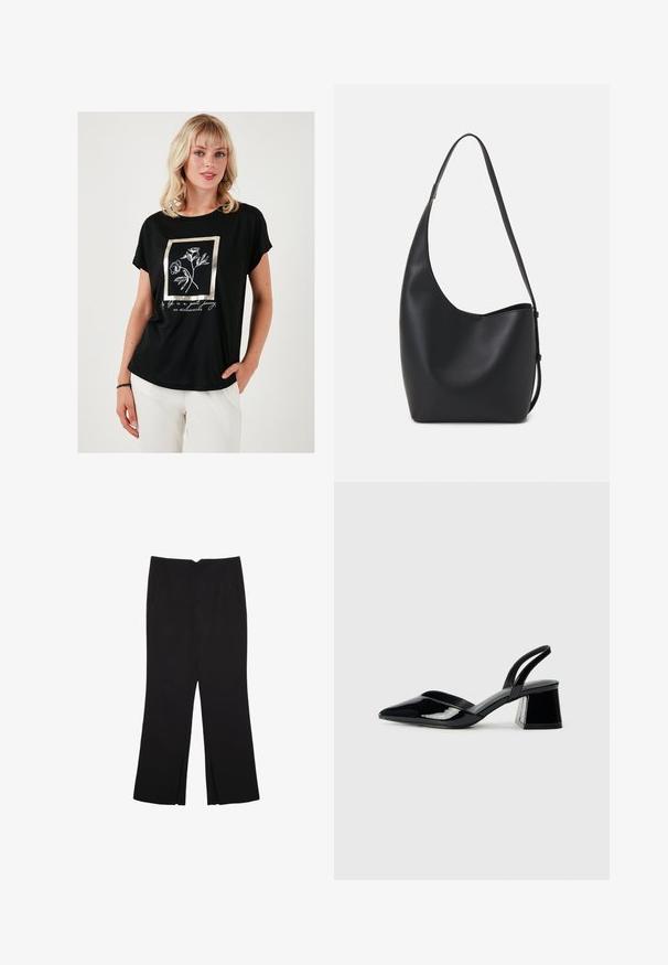 Čierne tričko s krátkym rukávom s kovovo zlatým rámovaným kvetinovým dizajnom a bielym textom. Vyrobené z hladkej, ľahkej látky.; Čierne nohavice so strihom rovného strihu, s prednými vreckami a bočnými rozparkami na leme. Vyrobené z mäkkej, hladkej tkaniny. Vhodné na rôzne príležitosti.; Čierne lakované kožené sandálové podpätky s špicatou špičkou a geometrickým blokovým podpätkom. Disponujú elegantným, minimalistickým dizajnom a hladkým povrchom.; Čierna kožená hobo taška so hladkou textúrou, zakriveným tvarom a jedným nastaviteľným popruhom; má široké otvorenie na vrchu.