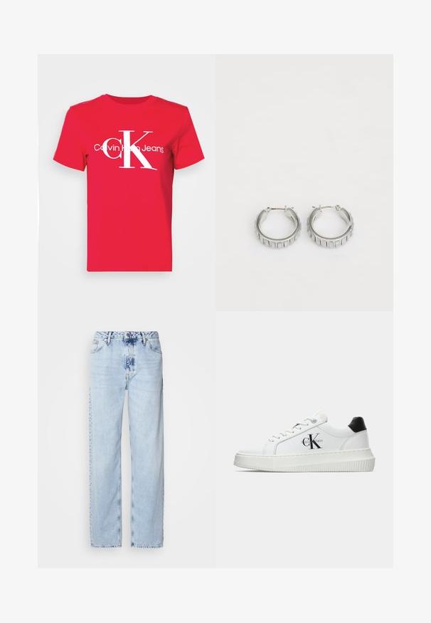 Sarkana kokvilnas t-krekls ar lielu baltu "CK" logotipu priekšpusē, zem kura modernā fontā ir rakstīts "Calvin Klein Jeans". Īsas piedurknes.; Gaiši zilas platās kājas džinsi, izgatavoti no denima, ar augstu jostas vietu, izbalinātu krāsu un smalku krāsošanas rakstu priekšpusē.; Baltā zema topa sporta apavas ar melnu papēža cilni, platformas zoli, auklēm un Calvin Klein "CK" logo sānos.; Sudraba gredzena auskari ar faktūras dizainu, kas ietver vertikālas rievas. Apaļa forma ar drošu aizdari. Gluda apdare.