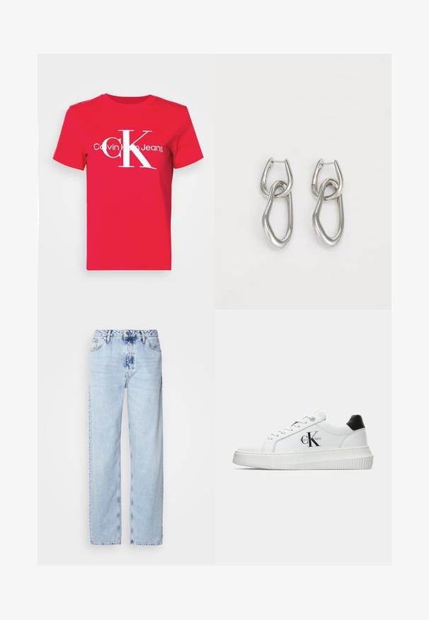 Rød bomull t-skjorte med en stor hvit "CK" logo på forsiden, med "Calvin Klein Jeans" tekst under i en moderne skrifttype. Korte ermer.; Lyseblå vide jeans laget av denim, med høy midje, falmet vask og subtilt tie-dye mønster foran.; Hvite lavsko med svart hæltab, plattformsåle, snøringer og Calvin Klein "CK" logo på siden.; Calvin Klein STATEMENT LINKS - Øredobber - silver-coloured