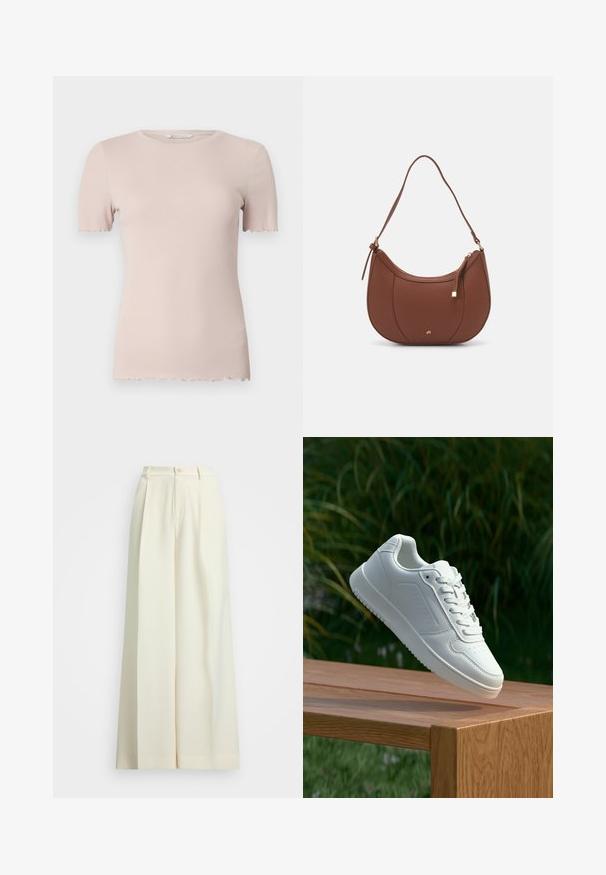 Light pink ribbed short-sleeve t-shirt with a round neckline and scalloped hem. Made from a soft, stretchy material for comfort.; Wide-leg trousers in off-white fabric, featuring a high waist, double pleats, and a button closure. Smooth texture and tailored design.; White sneaker with a smooth synthetic upper, perforated toe box, flat laces, and a textured sole, displayed on a wooden surface.; Brown faux leather shoulder bag with curved shape, minimal stitching, and a gold-tone hardware accent. Features a top zipper closure and adjustable strap.