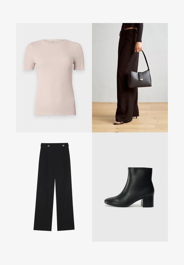Svetlo roza rebrasta majica s kratkimi rokavi, okroglim izrezom in valovitim robom. Narejena iz mehkega, raztegljivega materiala za udobje.; Črne široke hlače s visokim pasom, gumbnimi detajli na pasu in sprednjimi gubami.; Črne usnjene gležnjarje s koničastim nosom in debelim peto. Gladka tekstura z minimalnimi detajli in eleganten, prilegajoč dizajn.; Črna torbica z strukturirano obliko, gladko teksturo in kovinskim zaponko. Ujemajo se z širokimi črnimi hlačami in odprtimi sandali na lesenem tleh.