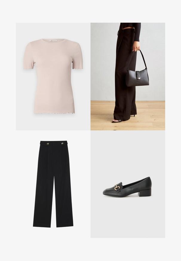 Růžové pruhované tričko s krátkým rukávem, kulatým výstřihem a vlnkovým lemem. Vyrobeno z měkkého, elastického materiálu pro pohodlí.; Černé široké kalhoty s vysokým pasem, detailní knoflíky na pase a přední záhyby.; Černé kožené loferské boty s plochým podpatkem, zdobené zlatým kovovým detailem na přední straně a hladkým povrchem.; Černá kabelka se strukturovaným tvarem, hladkým povrchem a kovovým uzávěrem. Kombinována s širokými černými kalhotami a sandály s otevřenou špičkou na dřevěné podlaze.