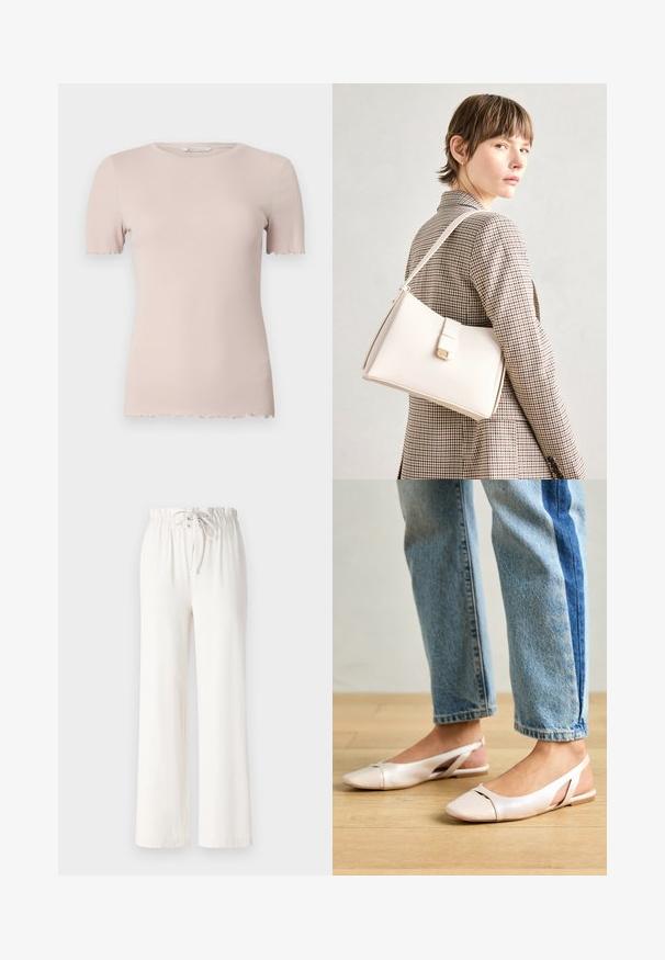 Růžové pruhované tričko s krátkým rukávem, kulatým výstřihem a vlnkovým lemem. Vyrobeno z měkkého, elastického materiálu pro pohodlí.; Bílé kalhoty s širokými nohavicemi vyrobené z měkké tkaniny, s elastickým pasem na šňůrku a hladkým povrchem. Žádné vzory ani dekorace nejsou viditelné.; Světle růžové slingback baleríny s špičatou špičkou, vyrobené z hladkého koženému materiálu. Obsahují vystřihovací detaily po stranách a plochý podpatek.; Bílá kožená kabelka se strukturálním designem, s magnetickým uzávěrem a ramenním popruhem, prezentovaná na neutrálním pozadí.