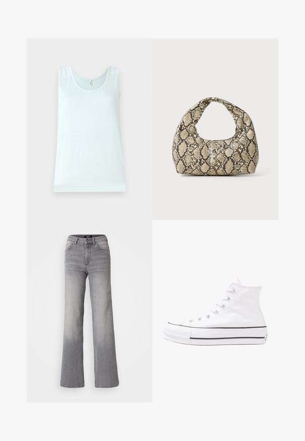 Svetlomodrý top bez rukávov s okrúhlym výstrihom, zdobený čipkovými detailmi na pleciach, vyrobený z mäkkej, hladkej látky. Jednoduchý, bezrukávový dizajn.; Džínsy z šedej denimu s vysokým pásom a rovnými nohavicami, s predným gombíkom a zipsom, prednými a zadnými vreckami, a vybledlým tieňovaním na stehnách a lýtkach.; Biele vysoké plátené tenisky s čiernou gumovou podošvou, prednou gumovou špičkou a šiestimi okami na šnúrky, s čistým, minimalistickým dizajnom.; Kabelka s hadím vzorom a zakriveným rukoväťou. Vyrobená z textúrovaných béžových a hnedých materiálov, s charakteristickým diamantovým vzorom.