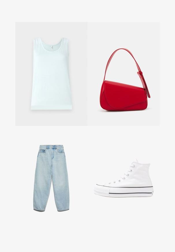 Helles Blaues Tanktop mit Rundhalsausschnitt, verziert mit Spitzenakzenten an den Schultern, aus einem weichen, glatten Stoff gefertigt. Einfaches, ärmelloses Design.; Hellblaue Denim-Jeans mit entspannter Passform, hoher Taille und weiten Beinen, die eine leicht verblasste Textur und ein klassisches Fünf-Taschen-Design aufweisen.; Weiße hochwertige Leinensneaker mit schwarzer Gummisohle, vorderem Gummizehenschutz und sechs Ösen für Schnürsenkel, die ein sauberes, minimalistisches Design aufweisen.; Rote Lederhandtasche mit einem kantigen, geometrischen Design. Verfügt über einen verstellbaren Schulterriemen und einen Klappenverschluss mit genähten Details.