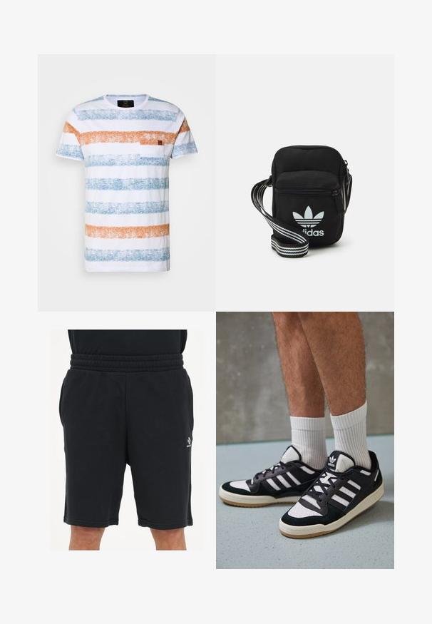 T-shirt blanc à manches courtes avec de larges rayures horizontales bleues et orange, un tissu texturé et une petite poche sur le côté gauche de la poitrine.; Shorts noirs en tissu doux, dotés d'une taille élastique, de poches latérales et d'un petit logo sur la jambe inférieure.; Baskets noir et blanc avec une tige en suède et cuir, comportant trois rayures blanches, un bout perforé et une semelle en caoutchouc gum.; Sac bandoulière noir en tissu avec fermeture éclair, arborant un logo Adidas blanc et une sangle réglable rayée pour un port facile.
