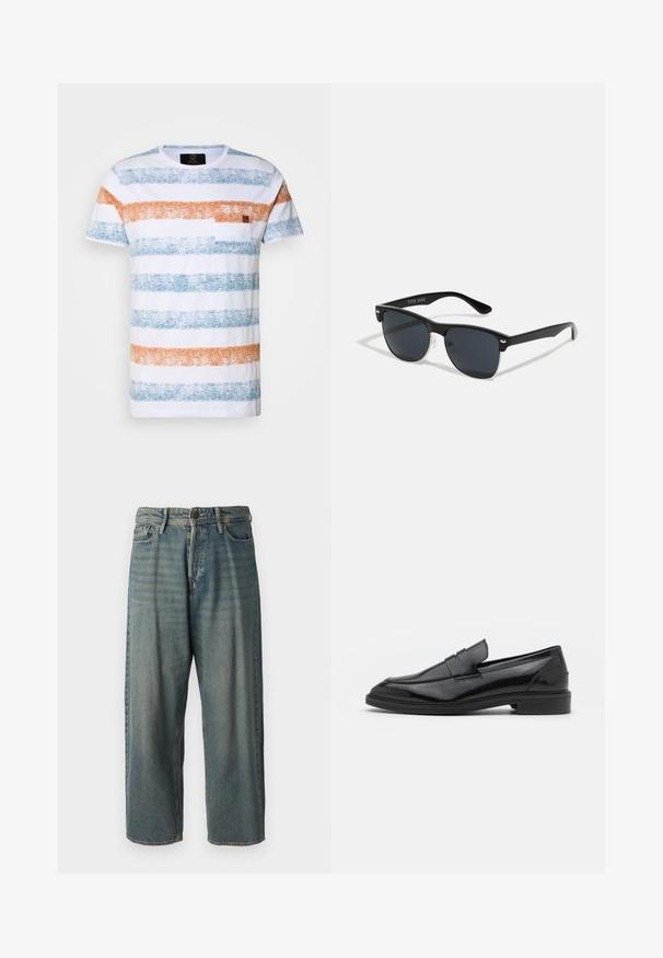 Άσπρη κοντομάνικη μπλούζα με έντονες μπλε και πορτοκαλί οριζόντιες ρίγες, υφασμάτινη υφή και μια μικρή τσέπη στην αριστερή πλευρά του στήθους.; Ανοιχτό μπλε τζιν παντελόνι με χαλαρή γραμμή, μέση μέσου ύψους και ευθείες γραμμές. Περιλαμβάνει πέντε τσέπες, θηλιές ζώνης και κούμπωμα με κουμπί.; Μαύρες δερμάτινες loafers με λείο φινίρισμα, με στρογγυλή μύτη και στενό λουρί στην επάνω πλευρά. Χαμηλό σωρευμένο τακούνι.; Μαύρα γυαλιά ηλίου σε ορθογώνιο σχήμα, σκούροι φακοί, ασημί λεπτομέρειες στους κροτάφους και ματ φινίρισμα στον σκελετό.