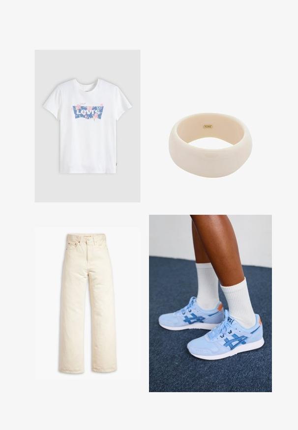 Biely bavlnený tričko s modrým logom Levi's a kvetinovými akcentmi. Krátke rukávy a okrúhly výstrih vytvárajú ležérny strih.; Béžové široké džínsy vyrobené z bavlneného denimu. Vlastnosti zahŕňajú vysoký pás, zapínanie na gombík a dizajn s piatimi vreckami. Hladká a odolná textúra.; Nohy v svetlomodrých teniskách Asics s bielymi podrážkami a bielymi crew ponožkami stoja na tmavom koberci.; Lesklý béžový náramok vyrobený z hladkej živice. Zaoblený tvar s rovnomerným povrchom a malým zlatým logom vo vnútri.