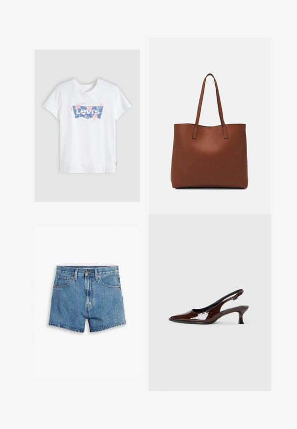 Valge puuvillane T-särk, millel on sinine Levi's logo lilledega kaunistatud. Lühikesed varrukad ja ümar kaelus loovad lõdva istuvuse.; Heledad teksapüksid helesinisena, millel on viis taskut, tõmblukk ja nööpkinnitus. Varrukad on lõdvenenud ja servad on kulunud.; Pruun patentnahast slingback tossud terava nina ja mõõduka kandega. Omab pandla rihma kindla istuvuse tagamiseks. Sile tekstuur.; Pruun nahast tote-kott, millel on sile tekstuur, avatud ülaosa disain ja kaks õlarihma. Omab minimaalset õmblust ja nähtavat riistvara ei ole.