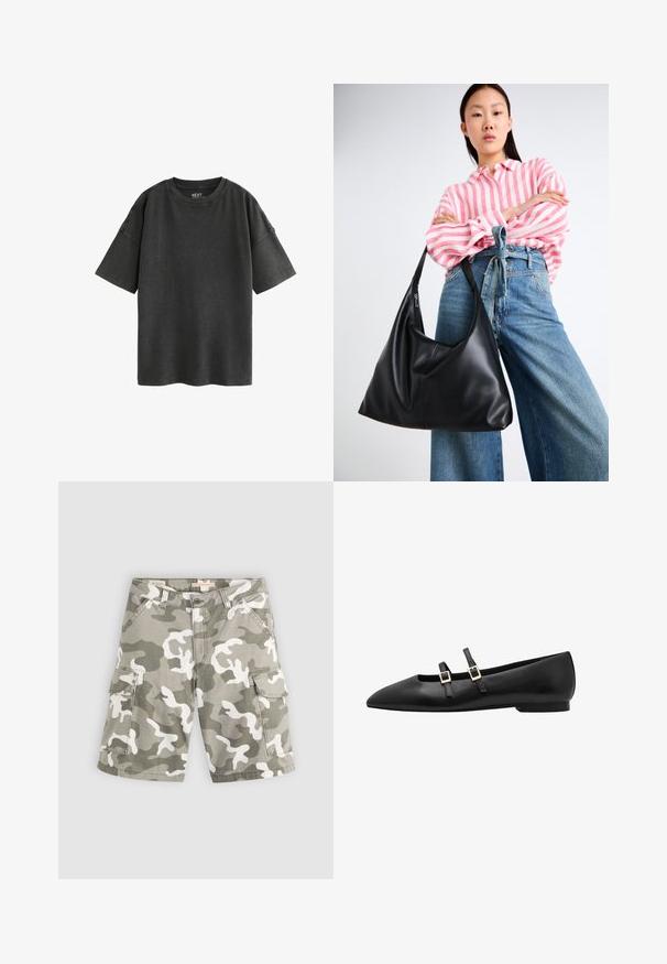 Black oversized T-shirt made of cotton. Features a round neckline and short sleeves with raw edges, displaying a soft, worn texture.; Black blouse with short, flared sleeves, featuring a V-neck, decorative eyelet trim, and five button closure. Textured fabric with subtle patterns.; Levi's® BAGGY DAD CARGO SHORT - Denim shorts - bader camo agate gray; Black leather flat shoe with a pointed toe, featuring two black straps and gold square buckles. Smooth texture and low-profile sole.; Black leather shoulder bag with a slouchy shape and seam details. Model wears a pink and white striped shirt with wide-leg blue jeans.